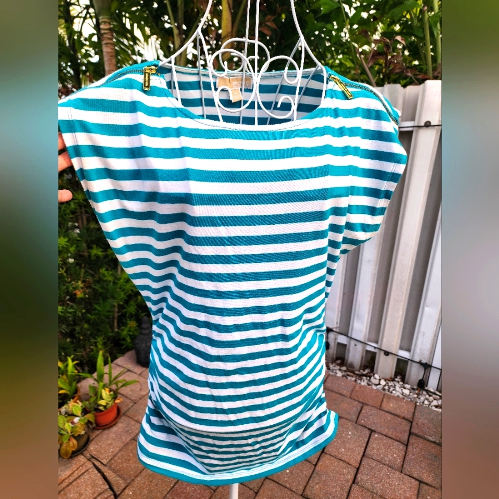 Michael Kors stripped stretch shirt, aqua & white, Sz Medium, EUC